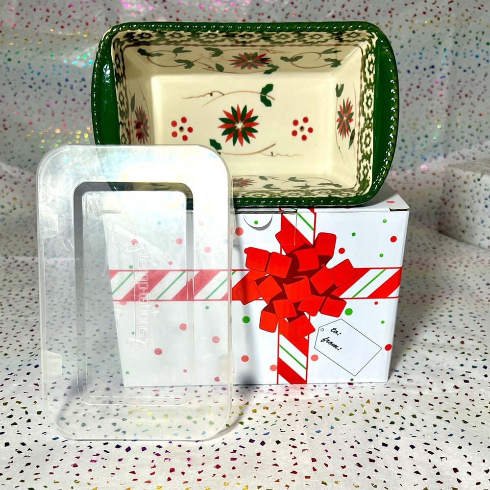 Temptations "Old World" Poinsettia Ceramic Loaf Baking Dish & Plastic Lid